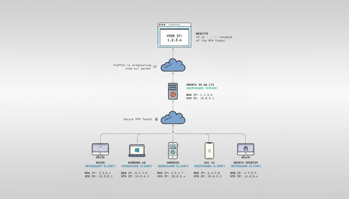 A network diagram illustrating a secure VPN tunnel setup. At the top, a website displays YOUR IP: 1.2.3.4 with a note that the IP is 1.2.3.4 because of the VPN tunnel. Traffic originates from a server, goes through a cloud icon, then to an Ubuntu 20.04 LTS (WireGuard Server) with WAN IP 1.2.5.4 and VPN IP 10.0.0.1. A secure VPN tunnel is shown connecting this server to another cloud icon. Below, five client devices are connected: macOS, Windows 10, Android, iOS 13, and Ubuntu Desktop, all labeled as WireGuard Clients with their respective WAN and VPN IPs. The background is a professional flat design with a soft gradient.