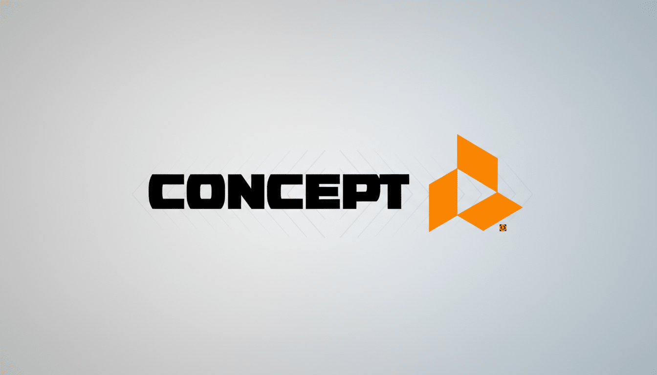 The word CONCEPT in black, bold, block letters next to an orange geometric logo, all centered on a light gray background with subtle, lighter gray diagonal patterns.