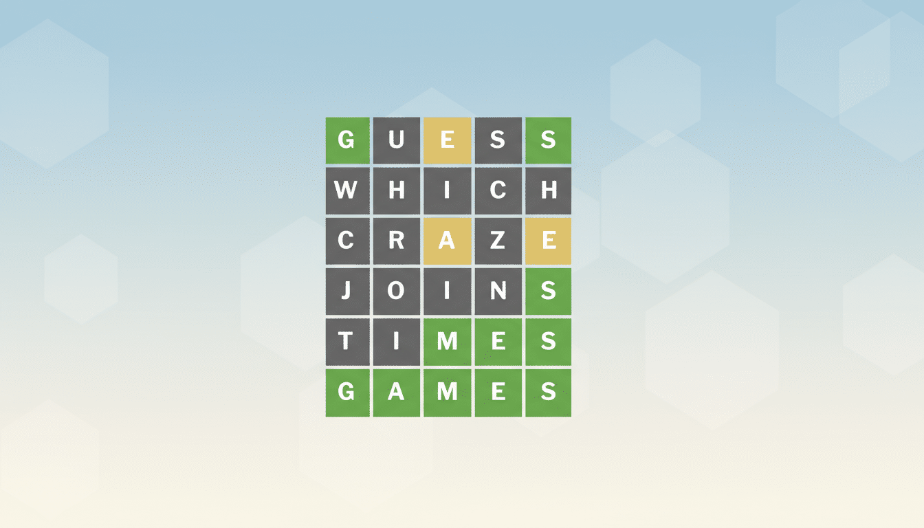 A 16:9 aspect ratio image featuring a Wordle-like grid of letters spelling out GUESS WHICH CRAZE JOINS TIMES GAMES against a soft, light blue and yellow gradient background with subtle hexagonal patterns.