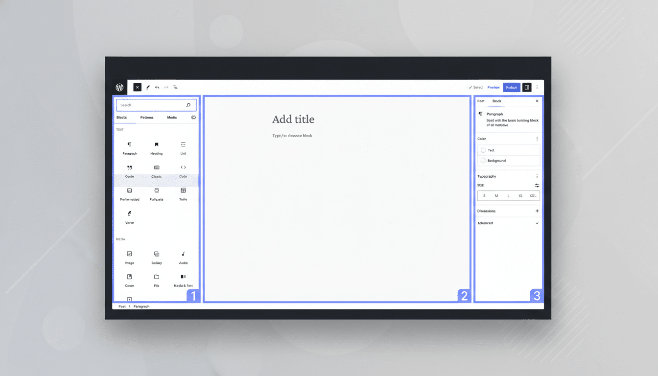 A screenshot of the WordPress block editor interface, resized to a 16:9 aspect ratio. The editor shows a blank Add title field in the center, a Blocks sidebar on the left with various content block options, and a Post and Block settings sidebar on the right. The overall design is clean and professional.