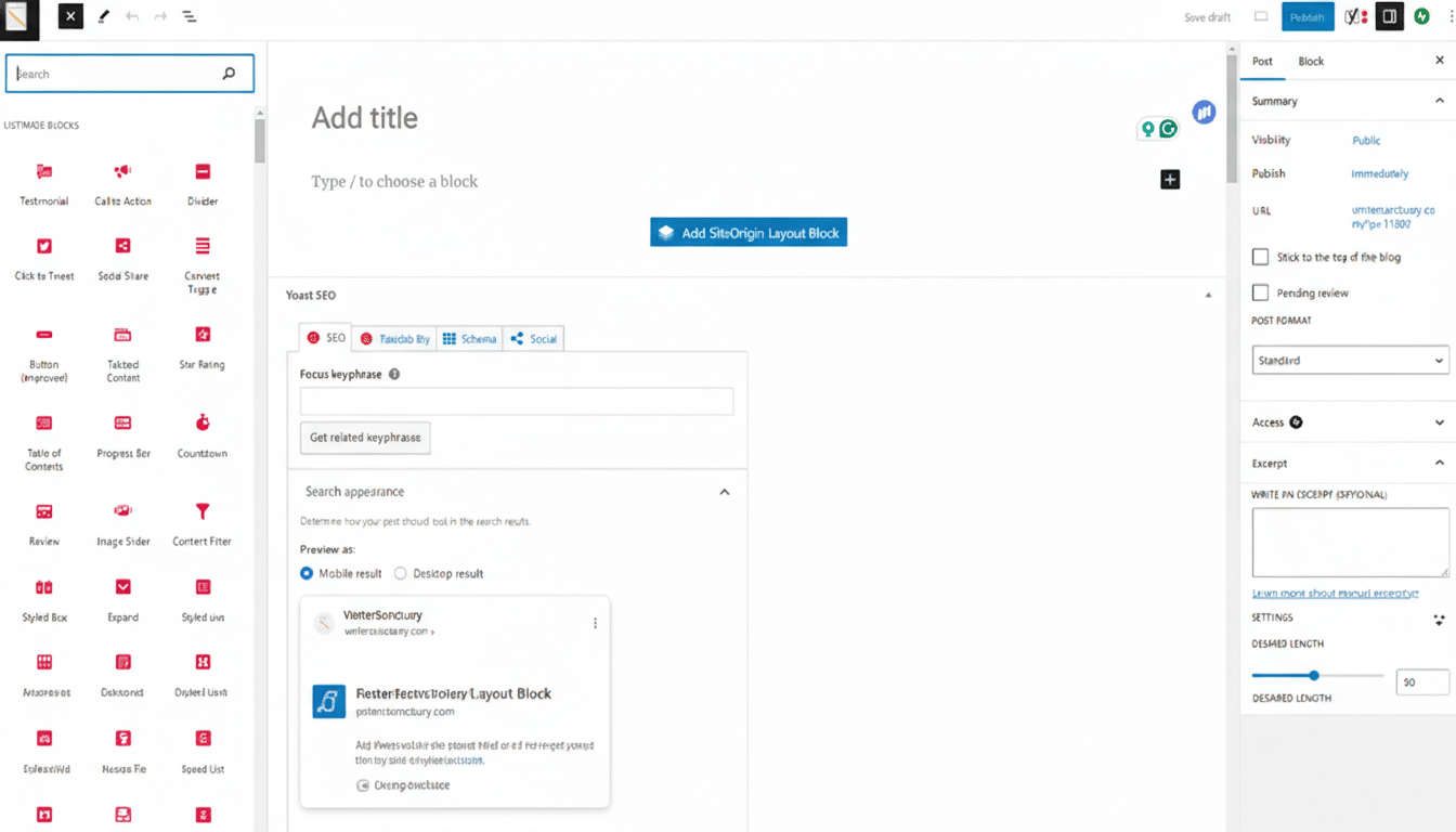 A screenshot of a content management system interface, showing a post editing screen with various blocks and settings.