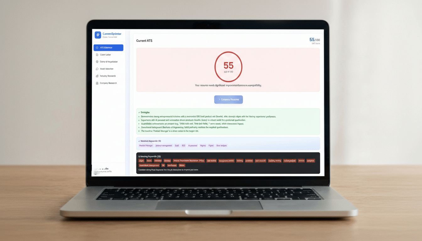 A laptop displaying the CareerSprinter application with a resume analysis showing a score of 55 out of 100.
