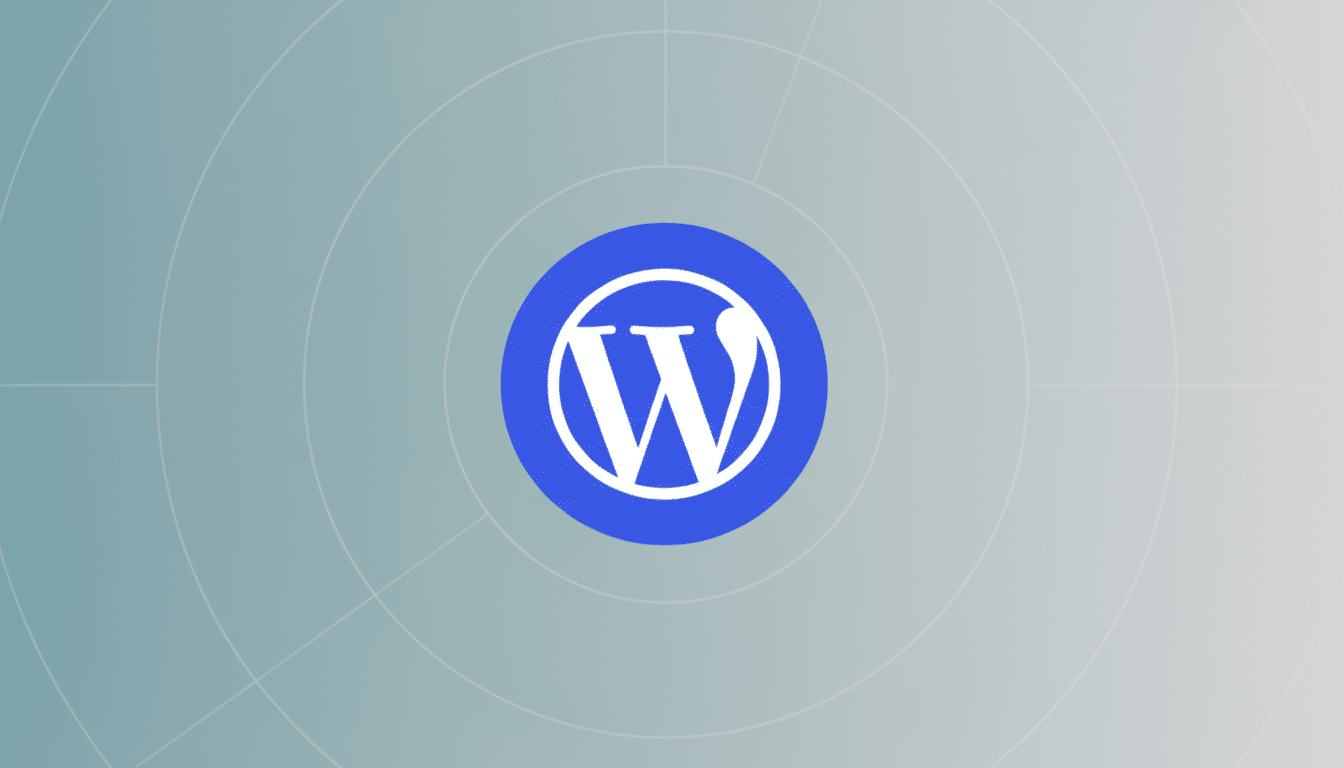 The WordPress logo, a white stylized W inside a blue circle, centered on a professional flat design background with soft gray gradients and subtle concentric circle patterns.
