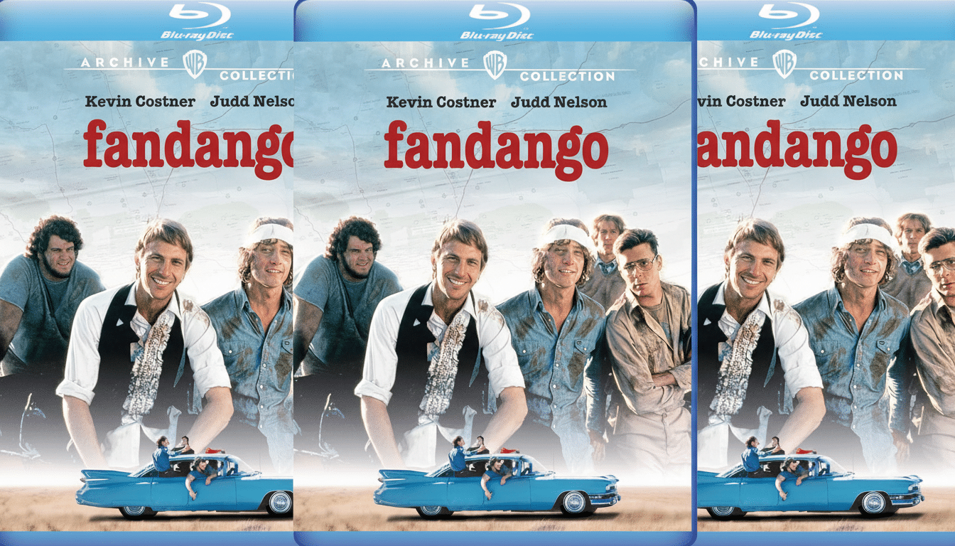 The Blu-ray cover for the movie Fandango featuring the main cast and a blue car.