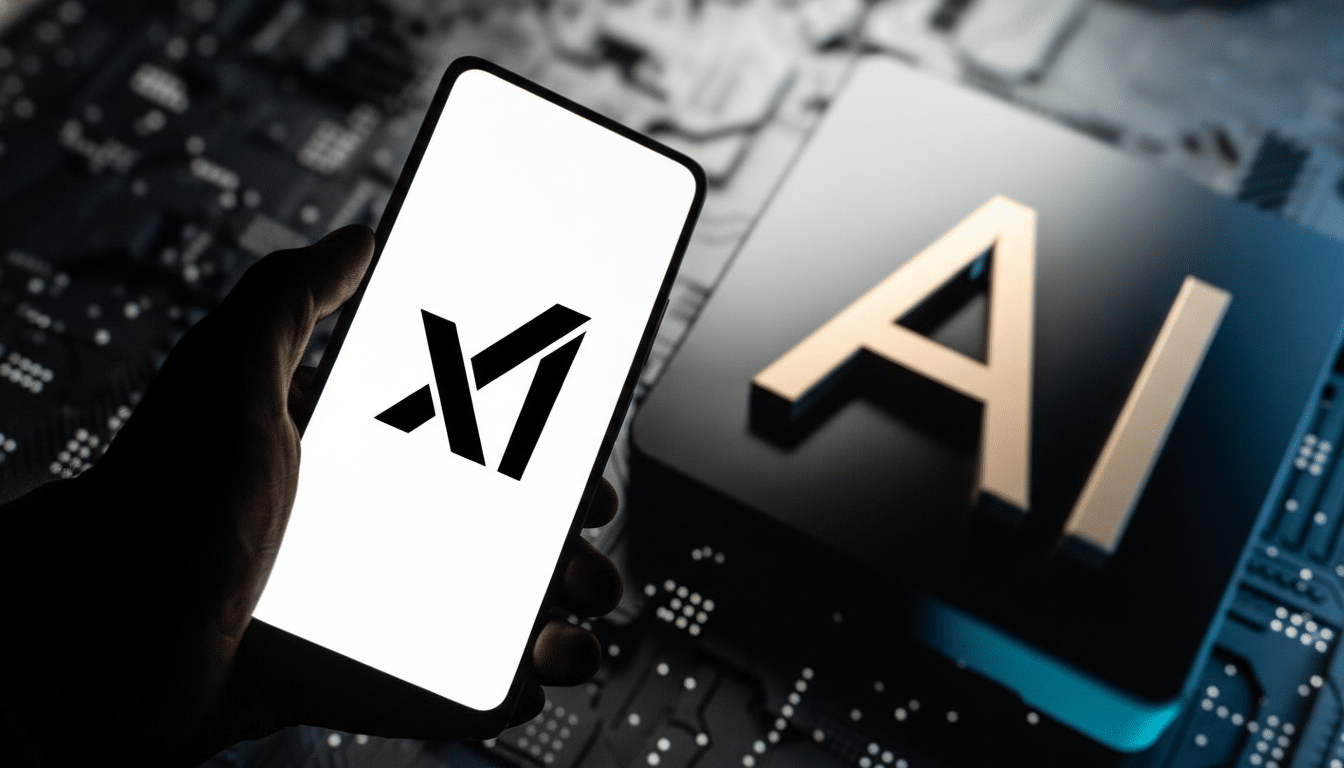 A hand holding a smartphone displaying the XI logo, with a 3D AI text block in the background, all set against a dark, circuit board-like surface.