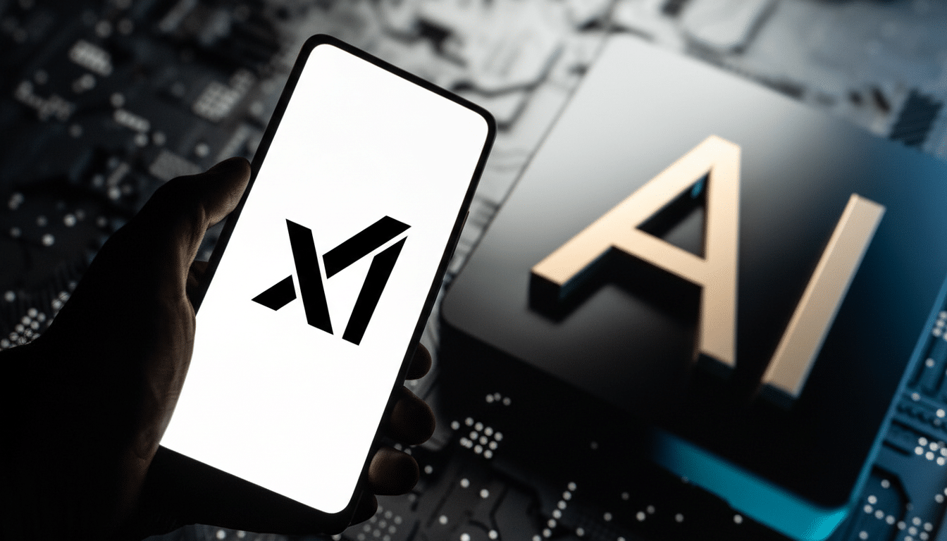 A hand holding a smartphone displaying the XAI logo, with a large AI block in the background, resized to a 16:9 aspect ratio.