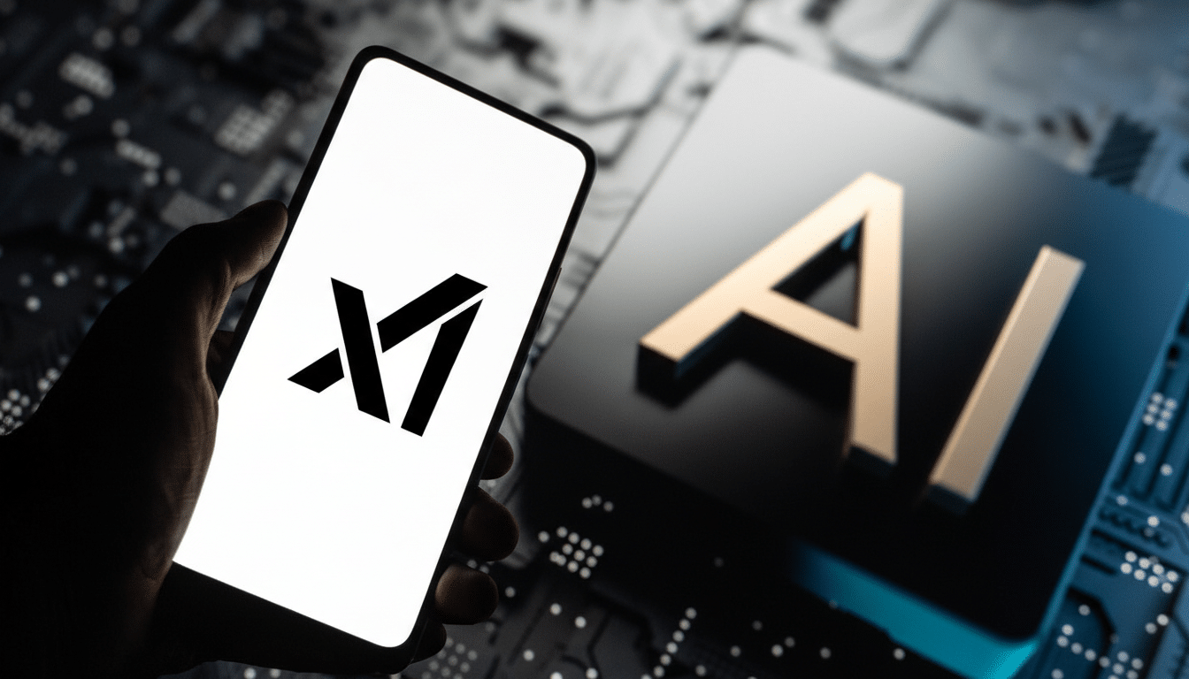 A hand holding a smartphone displaying the XAI logo, with a 3D AI text block in the background, resized to a 16:9 aspect ratio.