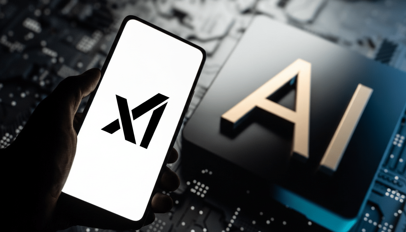 A hand holding a smartphone displaying the XI logo, with a 3D AI text block in the background, resized to a 16:9 aspect ratio.