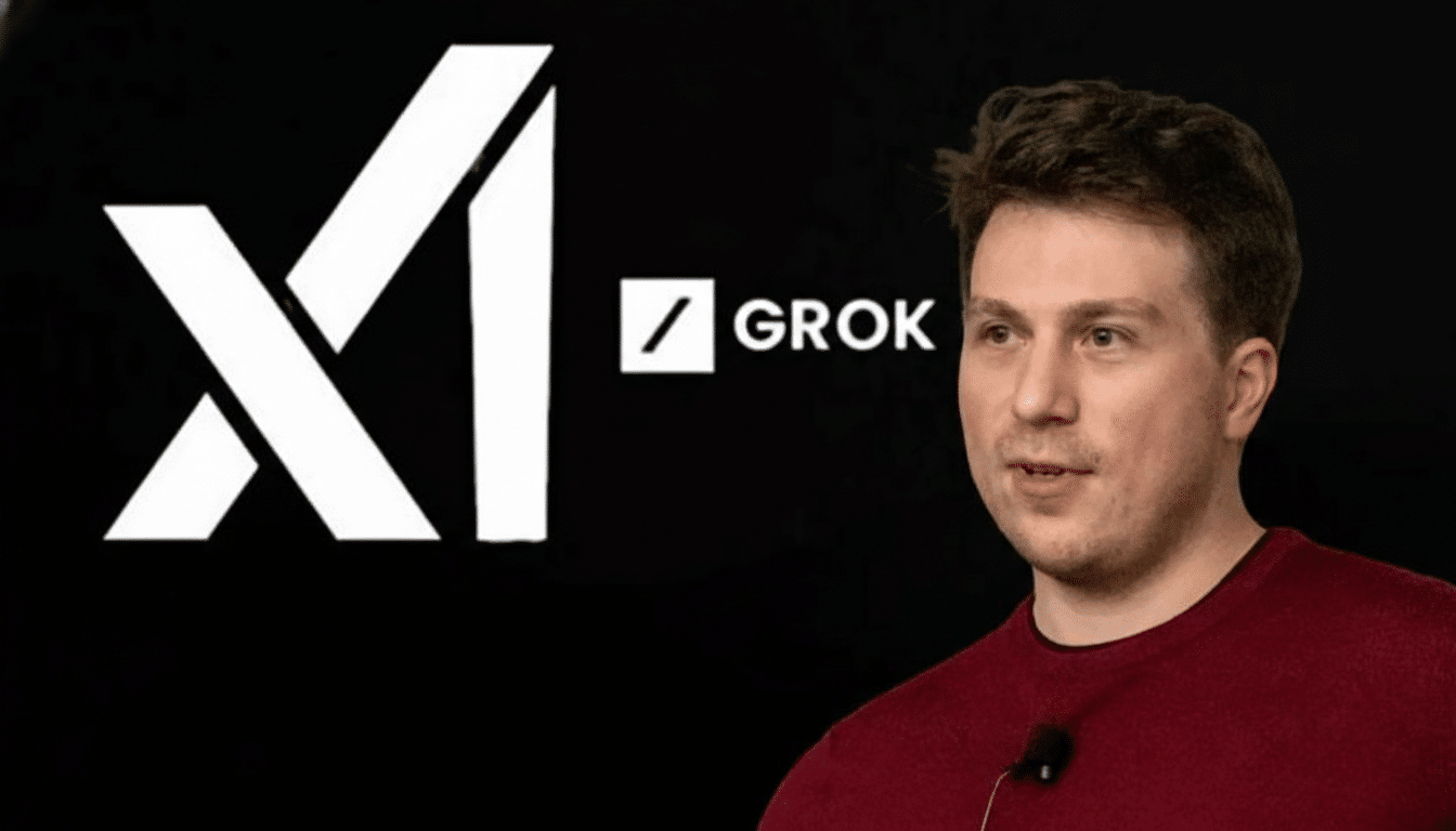 A man in a red shirt stands in front of a black background with the white XAI and GROK logos.