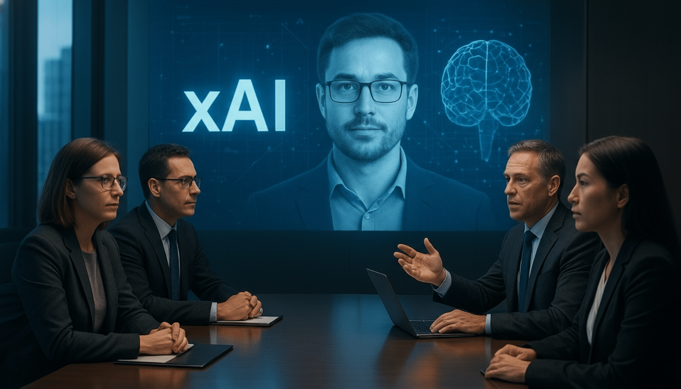 A group of four professionals in a meeting room, with a large screen displaying a man and the text xAI with a brain graphic.