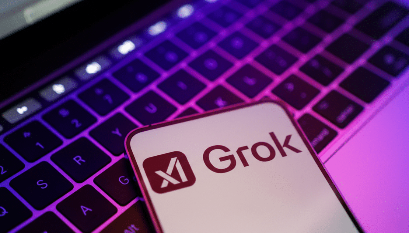 A smartphone displaying the Grok logo and name is placed on a laptop keyboard, illuminated by purple and pink light.