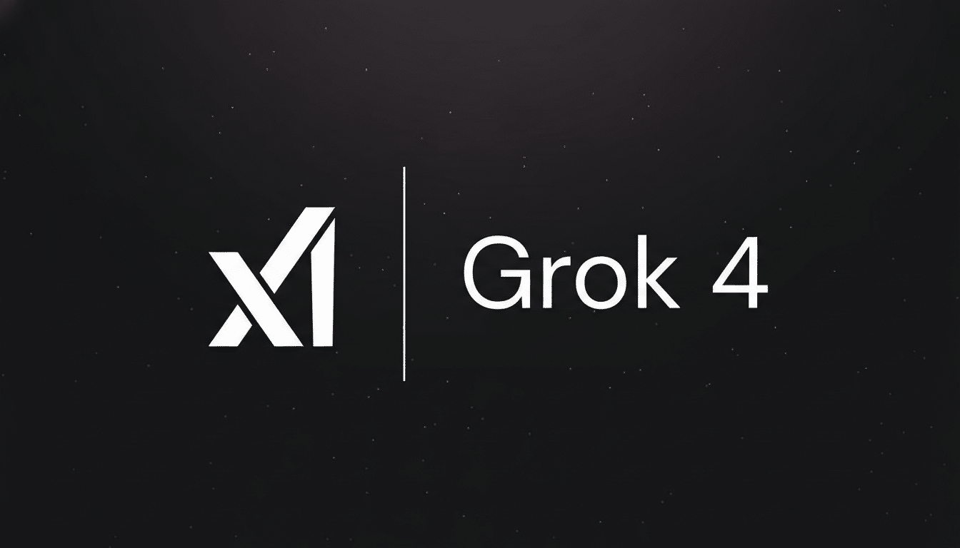 The Grok 4 logo, featuring a stylized X and I separated by a vertical line from the text Grok 4, all in white against a dark, subtly textured background.