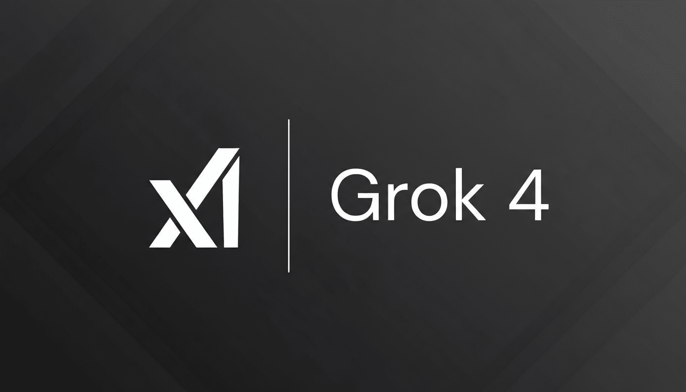 The Grok 4 logo, featuring a stylized X and I separated by a vertical line from the text Grok 4, presented on a professional dark gray background with subtle geometric patterns.
