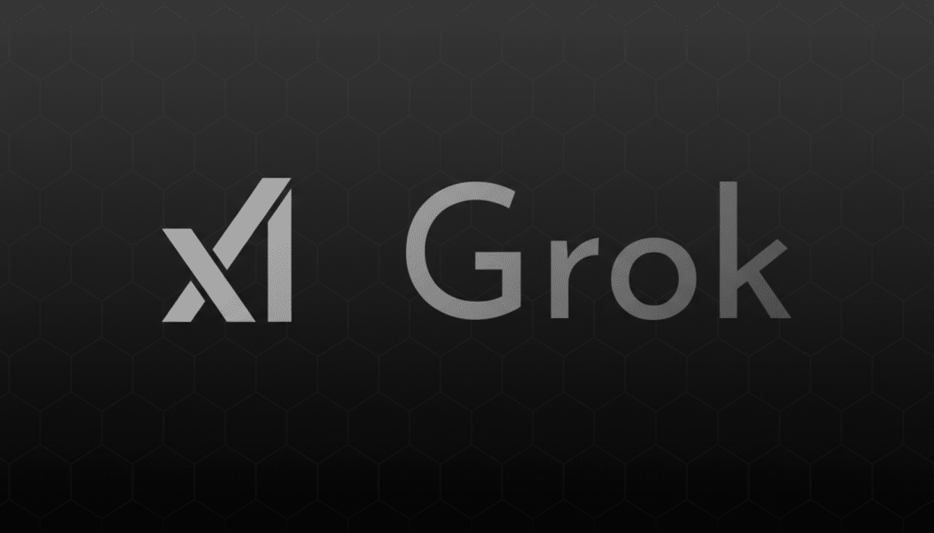 The Grok AI logo, featuring a stylized X and the word Grok in a modern sans-serif font, presented on a dark gray background with a subtle hexagonal pattern.