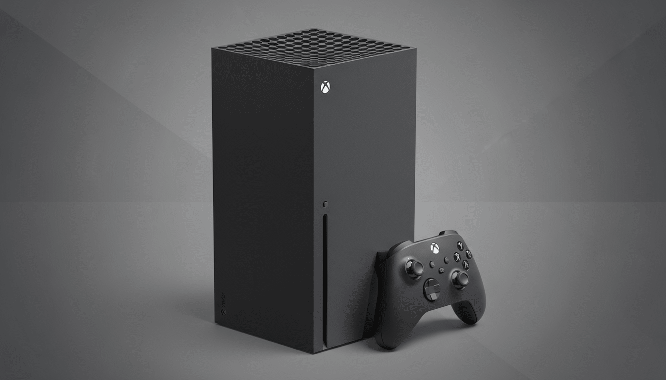 A black Xbox Series X console stands upright next to a matching black Xbox wireless controller, set against a professional gray background with subtle gradient and soft patterns.
