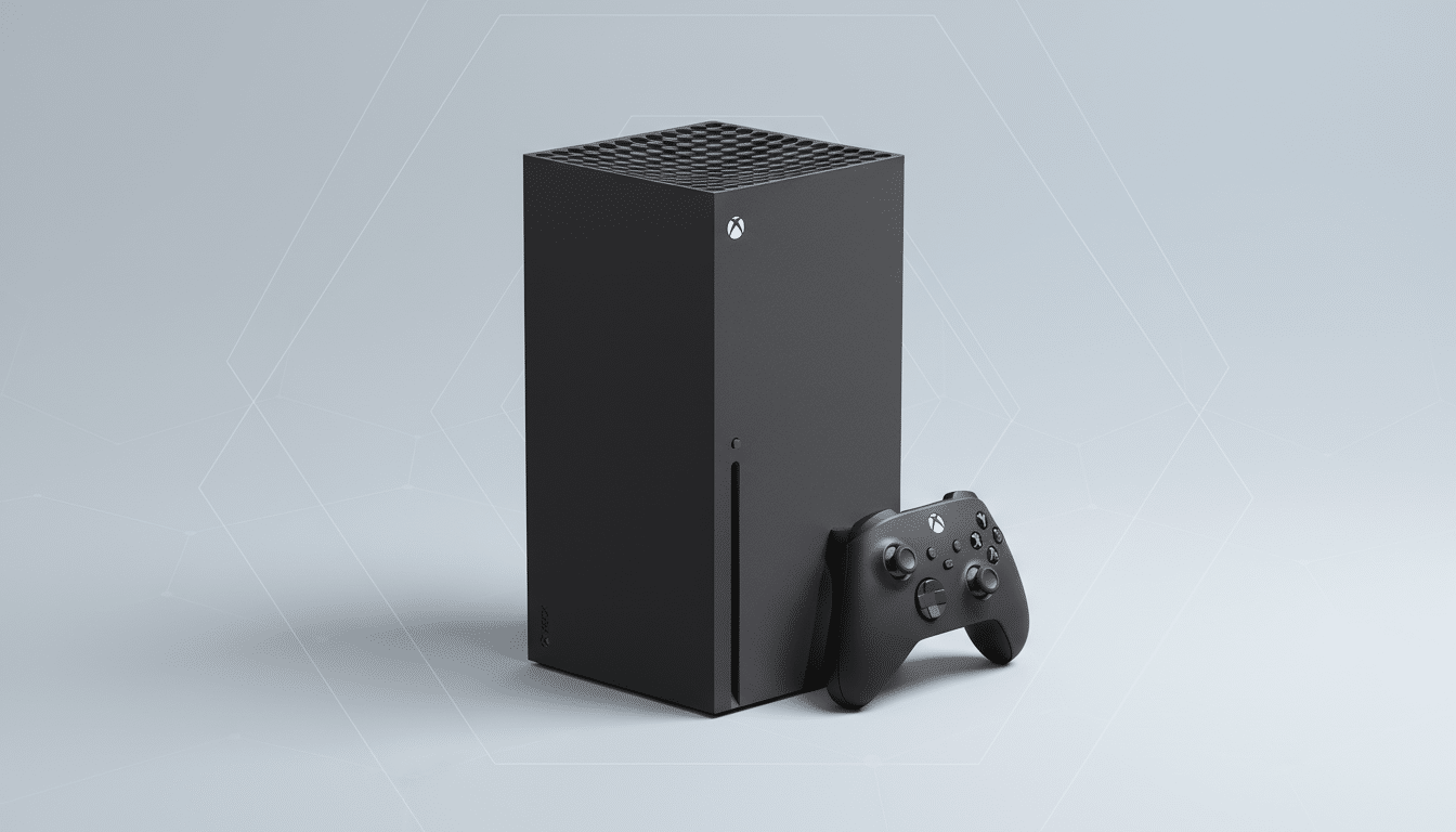 A black Xbox Series X console stands upright next to a black Xbox wireless controller, set against a professional light gray background with subtle geometric patterns.