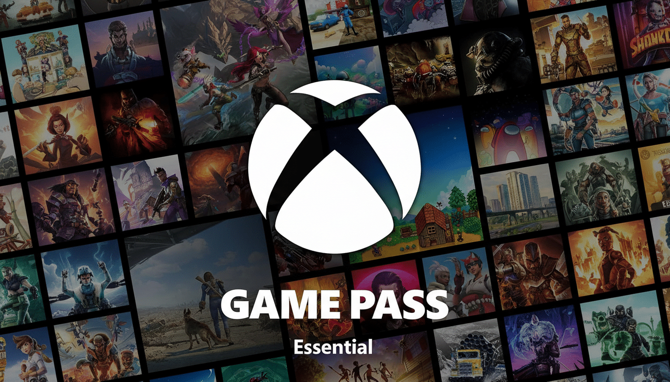 A 16:9 aspect ratio image featuring the white Xbox logo prominently in the center, surrounded by a collage of various video game screenshots and artwork. The text GAME PASS is displayed in large white letters below the logo, with Essential in smaller white letters underneath.