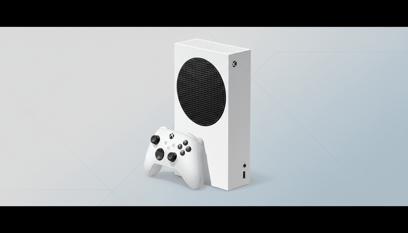 A white Xbox Series S console stands upright next to a matching white Xbox controller, both centered on a professional light gray background with subtle geometric patterns.