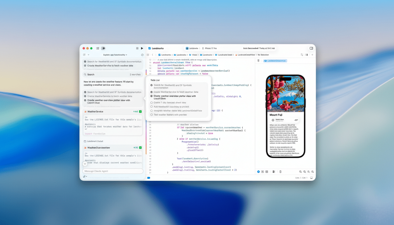 A screenshot of a coding environment with a to-do list overlay and a phone preview displaying Mount Fuji.