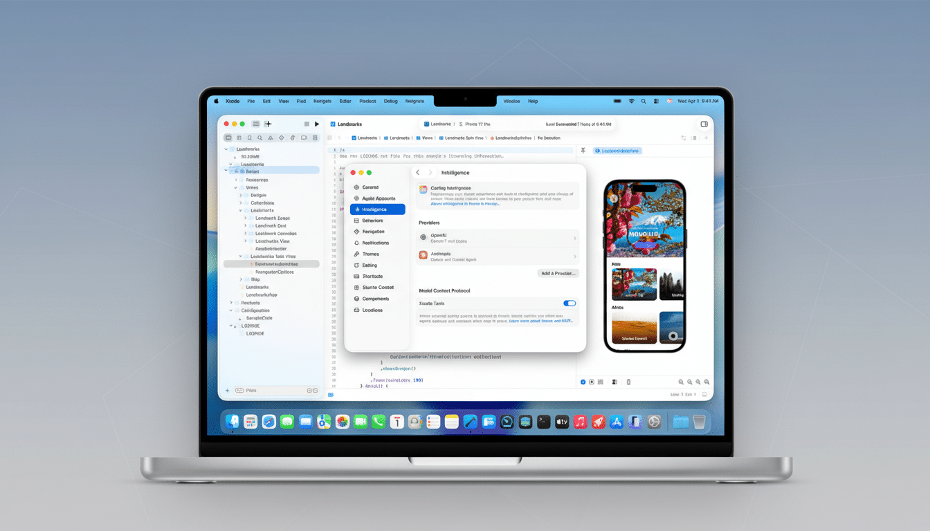 A MacBook Pro displaying Xcode with an open project and a settings window for Intelligence, alongside an iPhone 15 Pro showing a travel app.