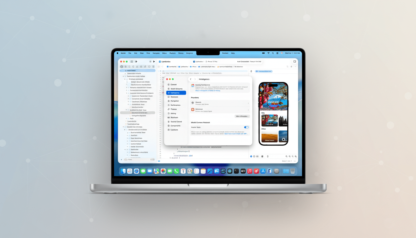 A MacBook Pro displaying a coding environment with Landmarks project open, and a simulated iPhone screen showing an app with Intelligence settings and a list of providers like OpenAI and Claude.