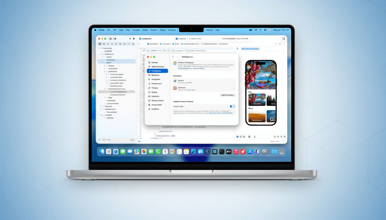 A MacBook Pro displaying Xcode with an Intelligence settings panel open, and an iPhone 15 Pro simulator showing a travel app, all set against a professional light blue background with subtle geometric patterns.