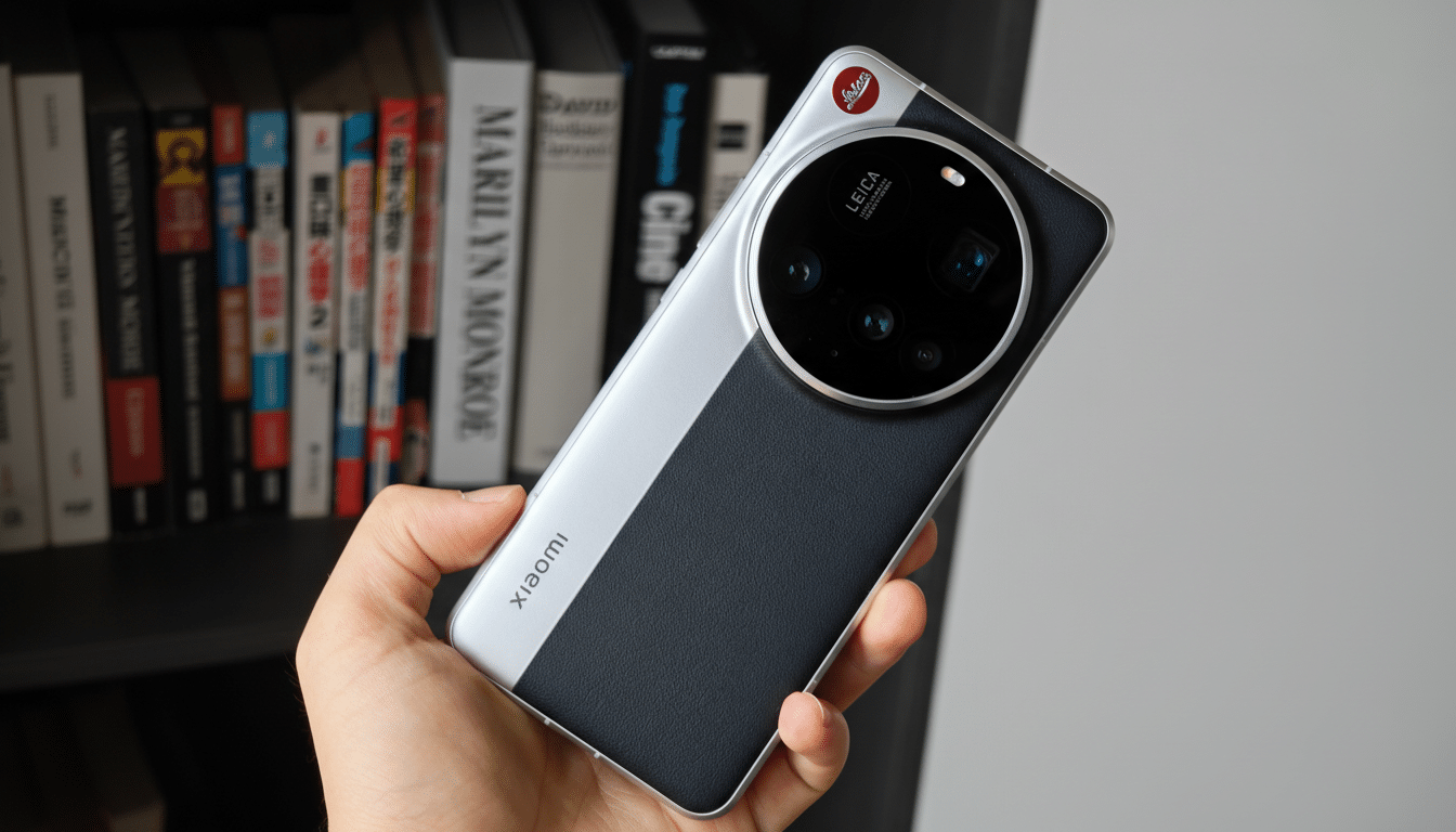 A hand holding a Xiaomi smartphone with a large circular camera module, resized to a 16:9 aspect ratio.