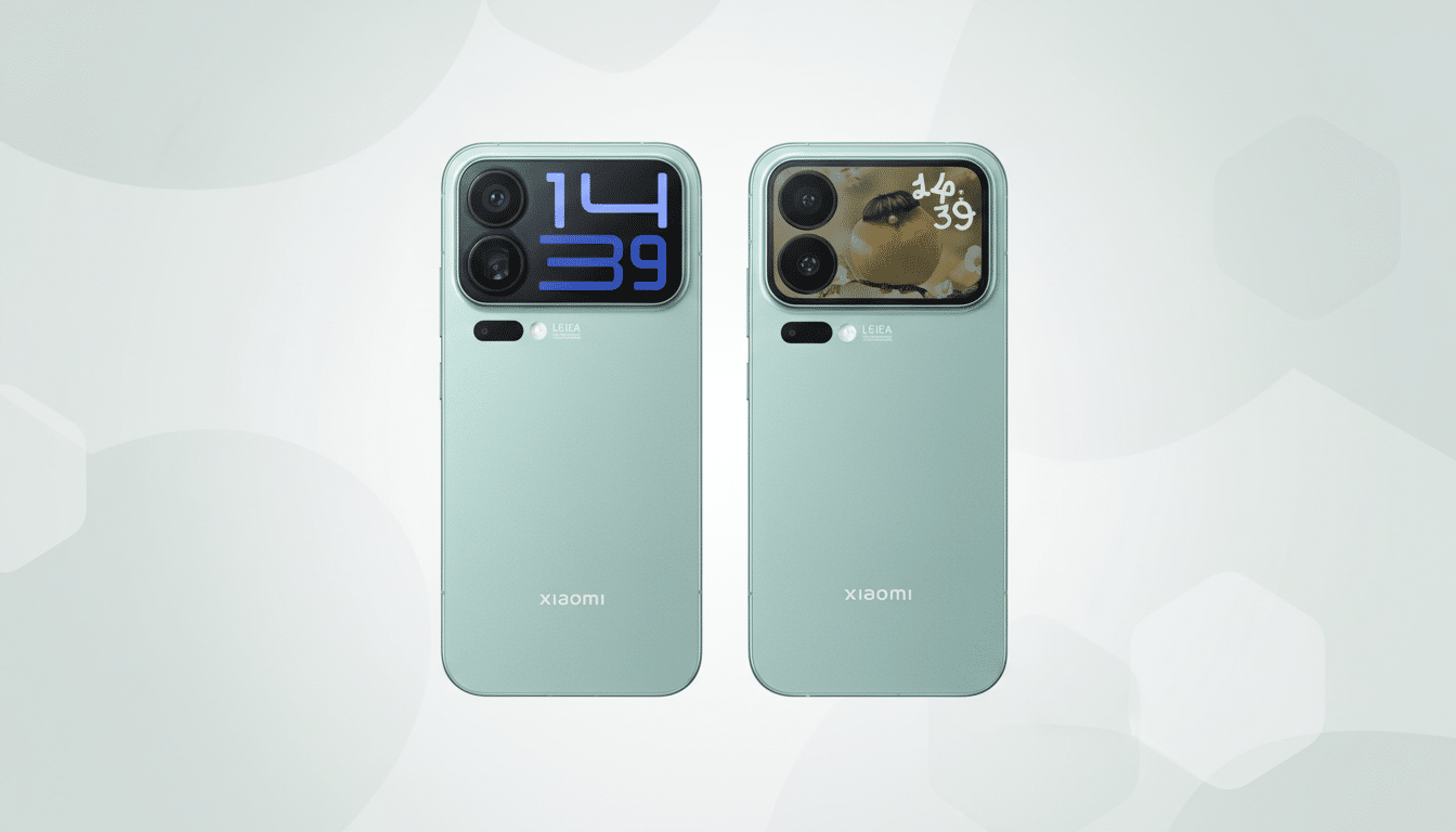 Two light green Xiaomi smartphones are displayed side-by-side on a professional flat design background with soft patterns. The phone on the left shows a digital clock displaying 14 39 in blue, while the phone on the right displays a bird on its screen. Both phones feature a prominent camera module and LEICA and xiaomi branding.