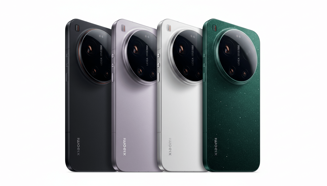 Four Xiaomi smartphones in black, purple, white, and green, arranged diagonally on a white background.