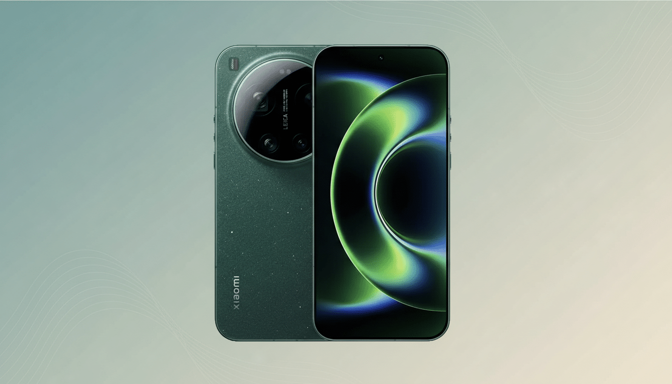 A green Xiaomi smartphone, showing both its front and back, set against a professional flat design background with soft gradients and subtle wave patterns.