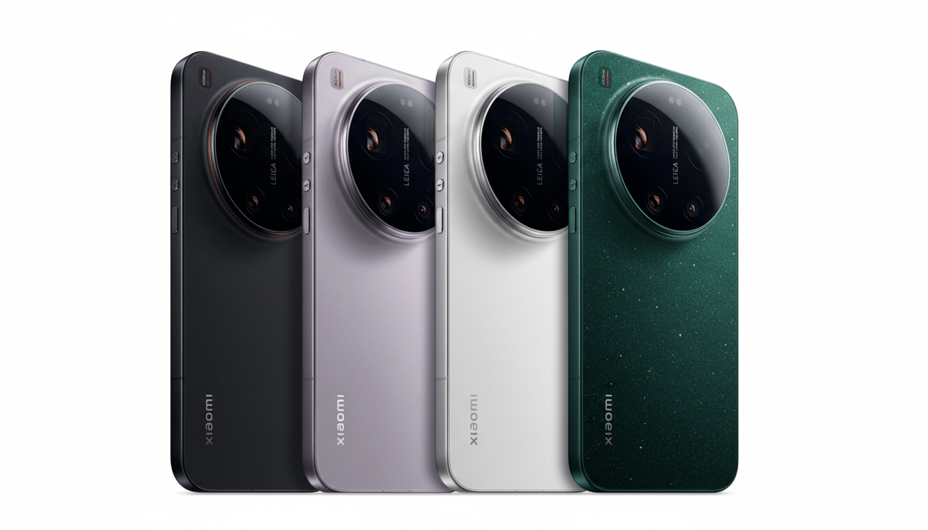 Four Xiaomi smartphones in black, lavender, white, and green, arranged diagonally on a white background.