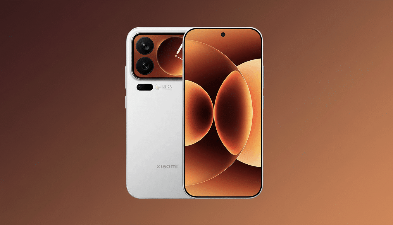 A white Xiaomi smartphone with a prominent camera module on the back and a screen displaying an abstract orange and brown design, set against a professional gradient background.
