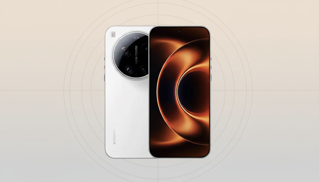 A white Xiaomi smartphone with a large camera module on the back and a screen displaying an abstract orange and black design, set against a professional light gray background with subtle circular patterns.