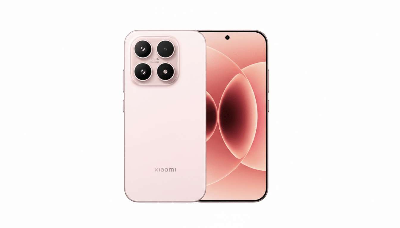 A pink Xiaomi smartphone with a Leica camera system on the back, displayed next to its screen showing a pink abstract design, all set against a clean white background.