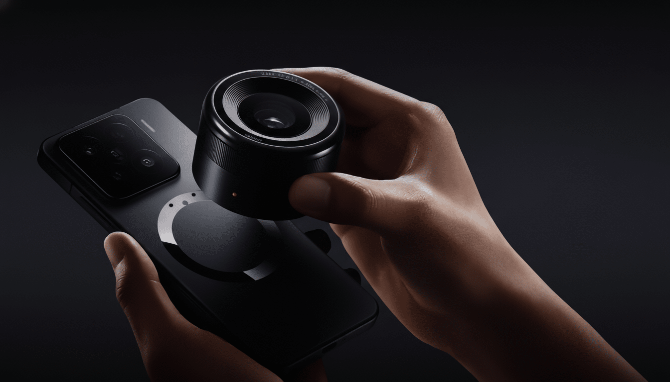 A pair of hands holding a black smartphone with a detachable camera lens module being attached to its back.