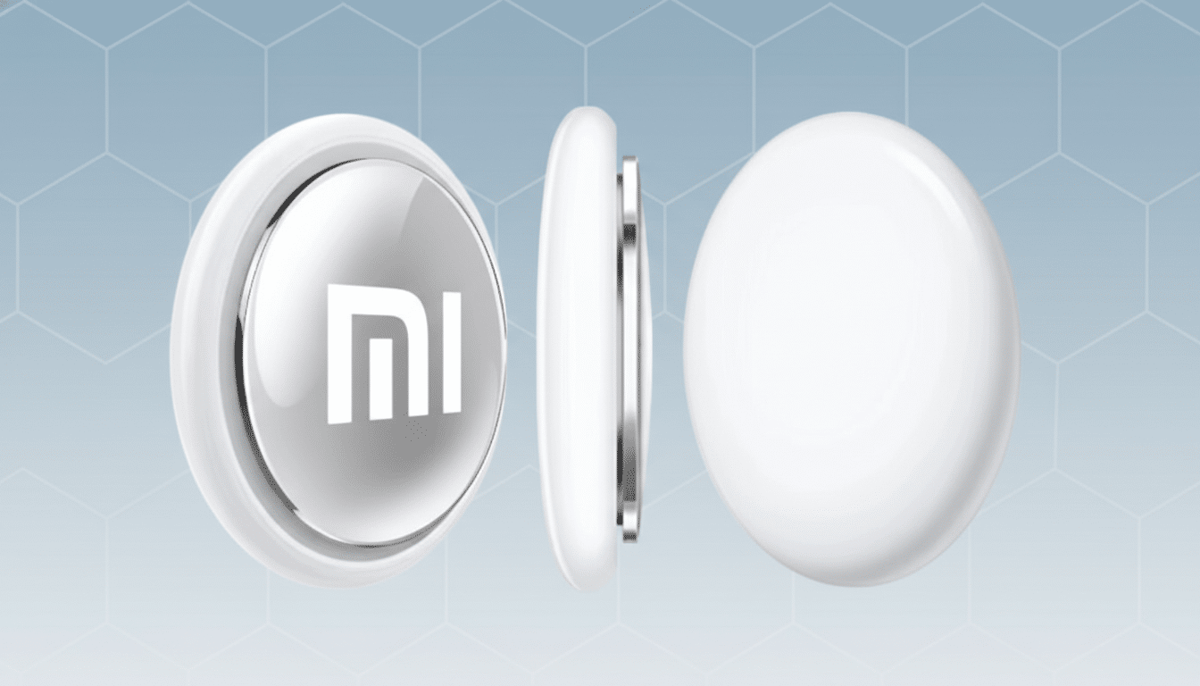 A white, oval-shaped Xiaomi smart tracker is shown in three views: front with the Xiaomi logo, side profile, and back, against a professional light blue background with a subtle hexagonal pattern.