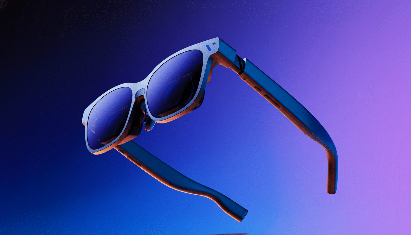 A pair of sleek, modern smart glasses with a silver frame and dark lenses, floating against a gradient background of deep blue and purple.