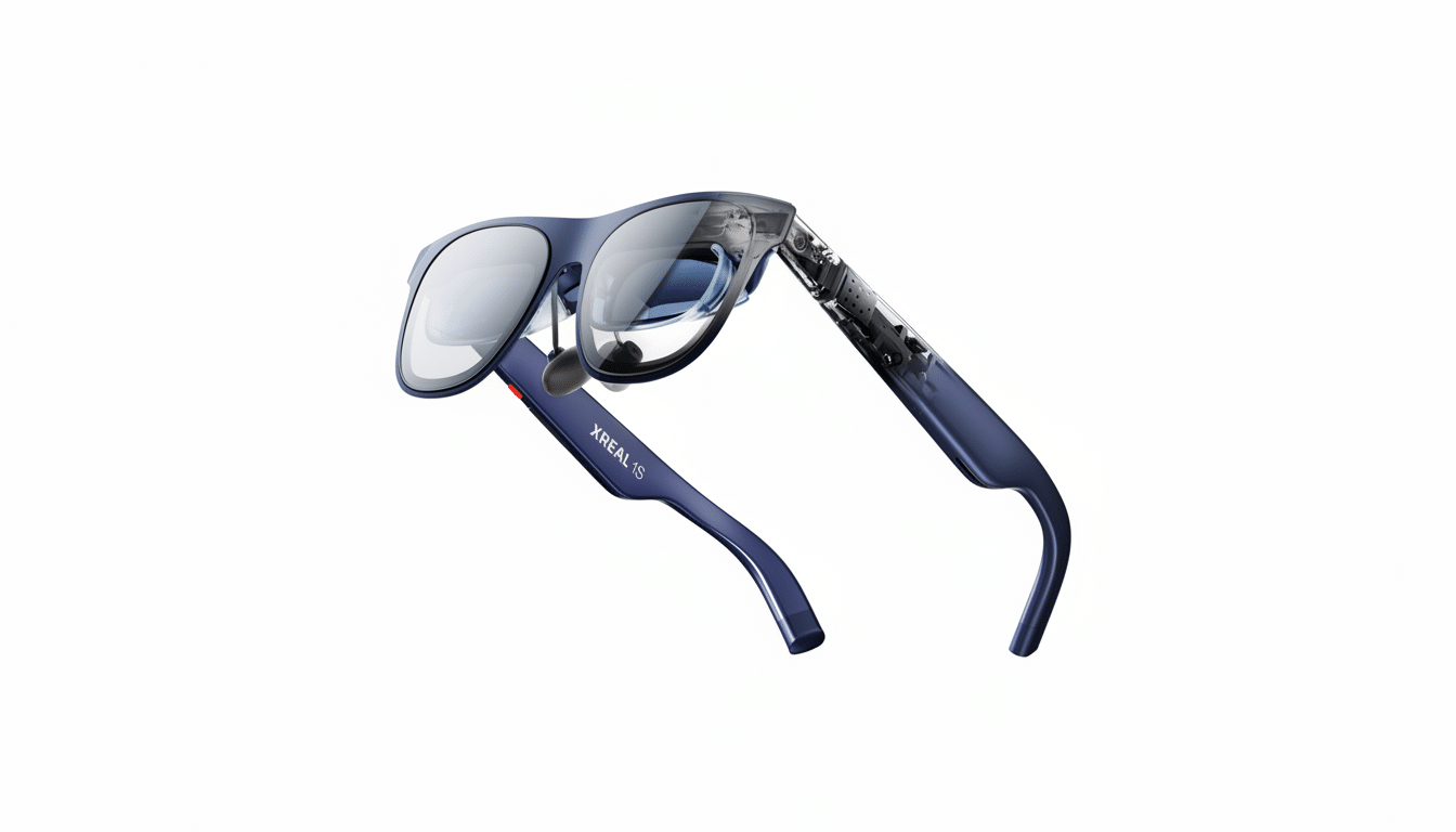 A pair of blue XREAL 1S smart glasses with a partially transparent right temple, showcasing internal components, set against a clean white background.