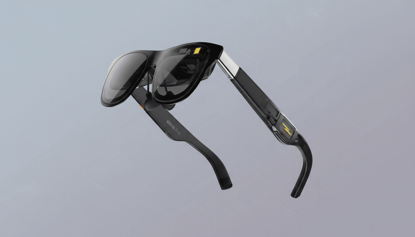 A pair of black XREAL One smart glasses with a subtle patterned grey background.