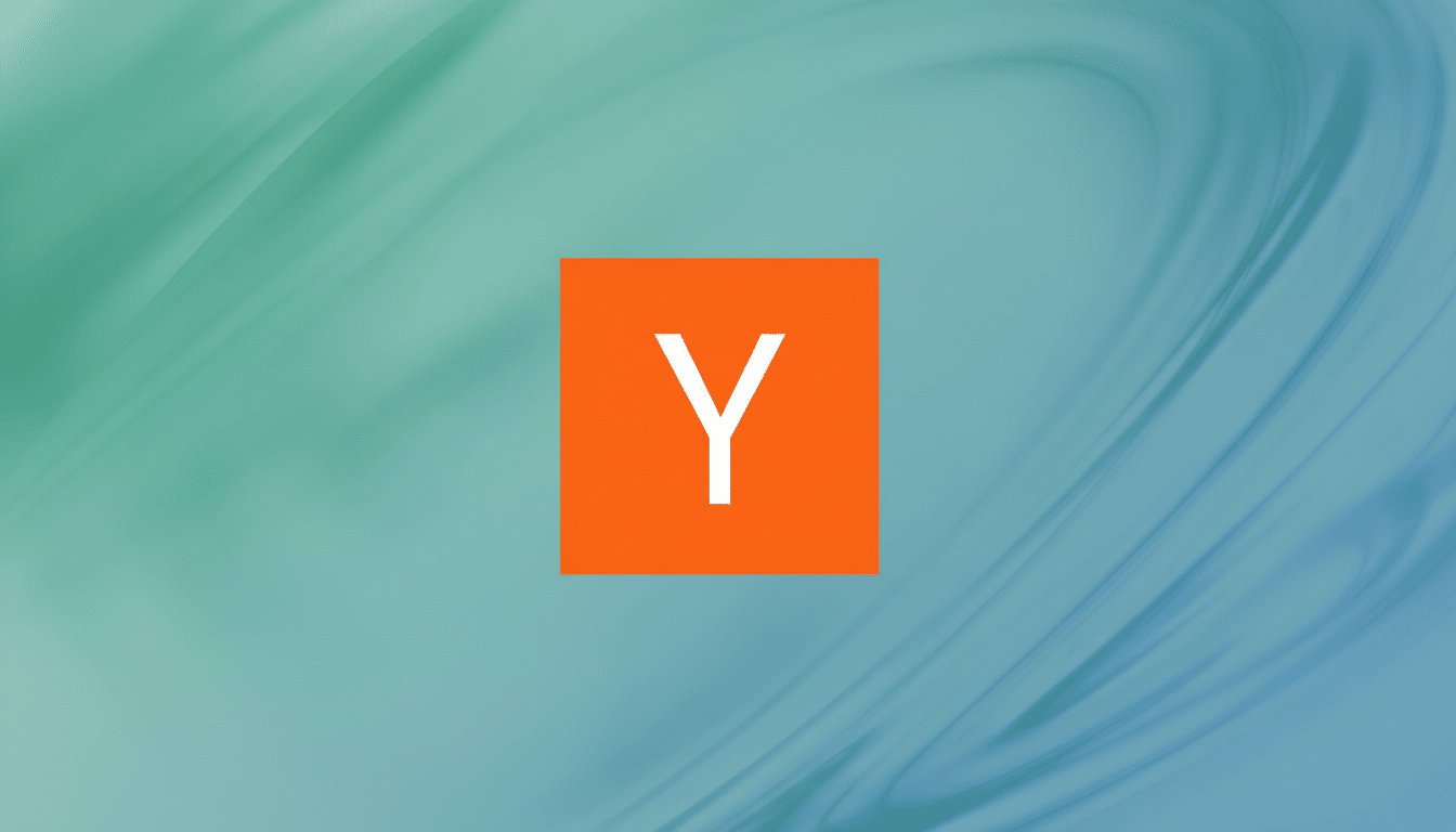 A professional 16:9 image featuring a white letter Y on an orange square, centered against a soft, gradient background with subtle teal and green hues and gentle swirling patterns.
