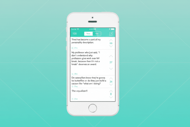 A white iPhone displaying an app with a list of text-based posts, set against a professional flat design background with soft patterns.