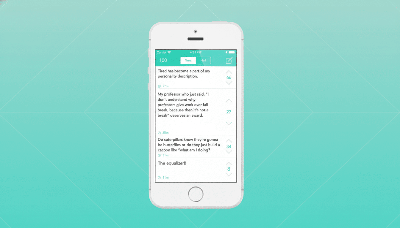 A white iPhone displaying an app with a list of text-based posts, set against a professional flat design background with soft patterns.