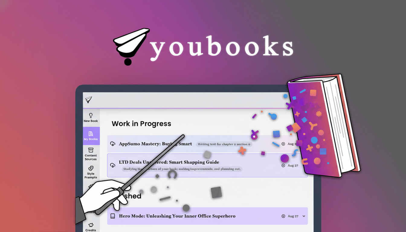 A 16:9 aspect ratio image of the Youbooks logo and app interface, with a hand pointing to Work in Progress and a book with colorful shapes emerging from it.