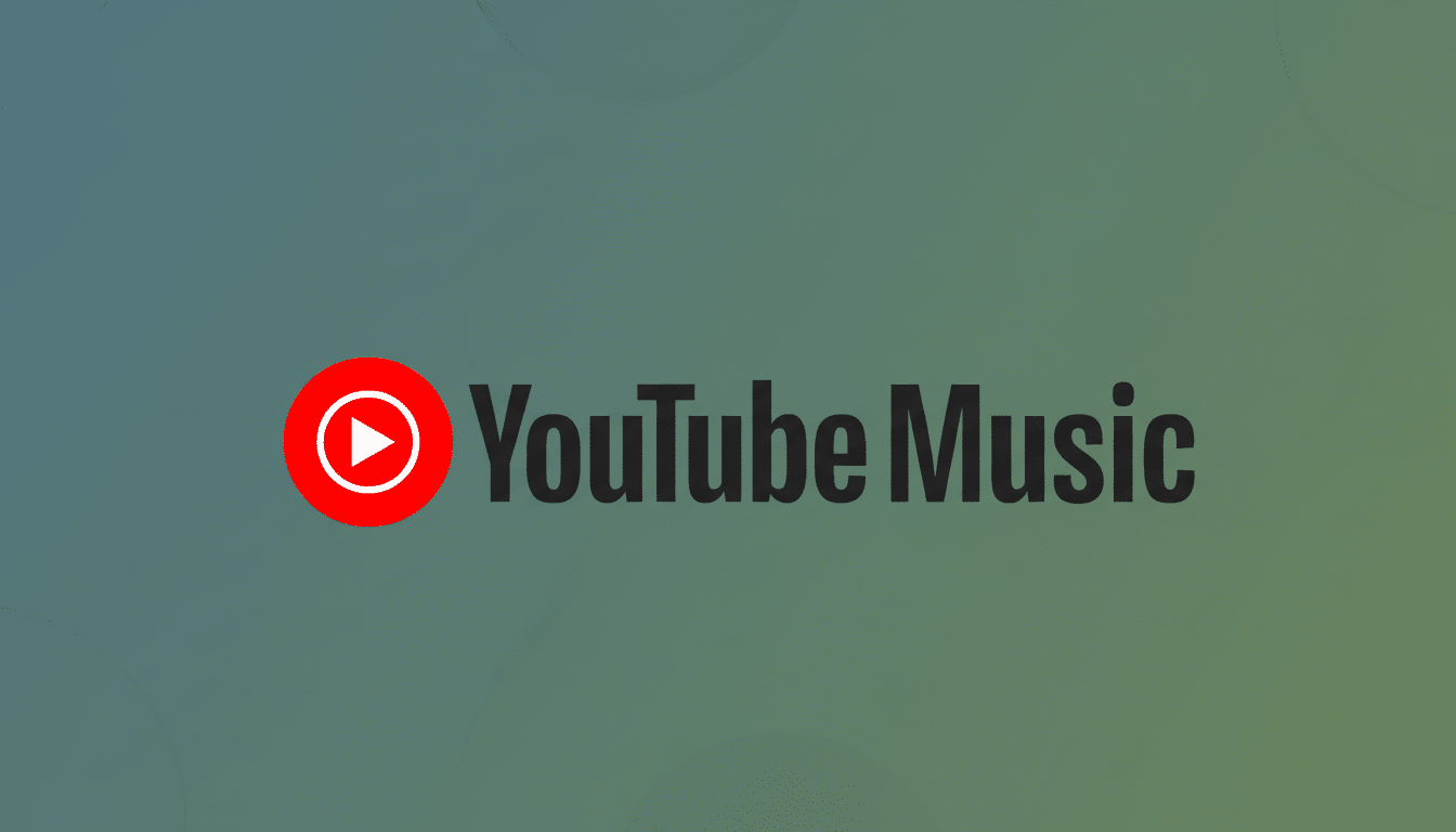 The YouTube Music logo, featuring a red play button icon within a white circle, next to the words YouTube Music in dark gray text, set against a professional flat design background with soft green and blue gradients and subtle circular patterns.
