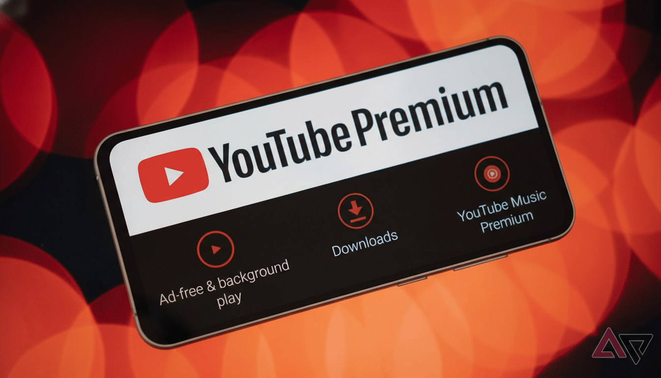 A smartphone displaying the YouTube Premium interface with options for ad-free playback, downloads, and YouTube Music Premium, set against a blurred red background.