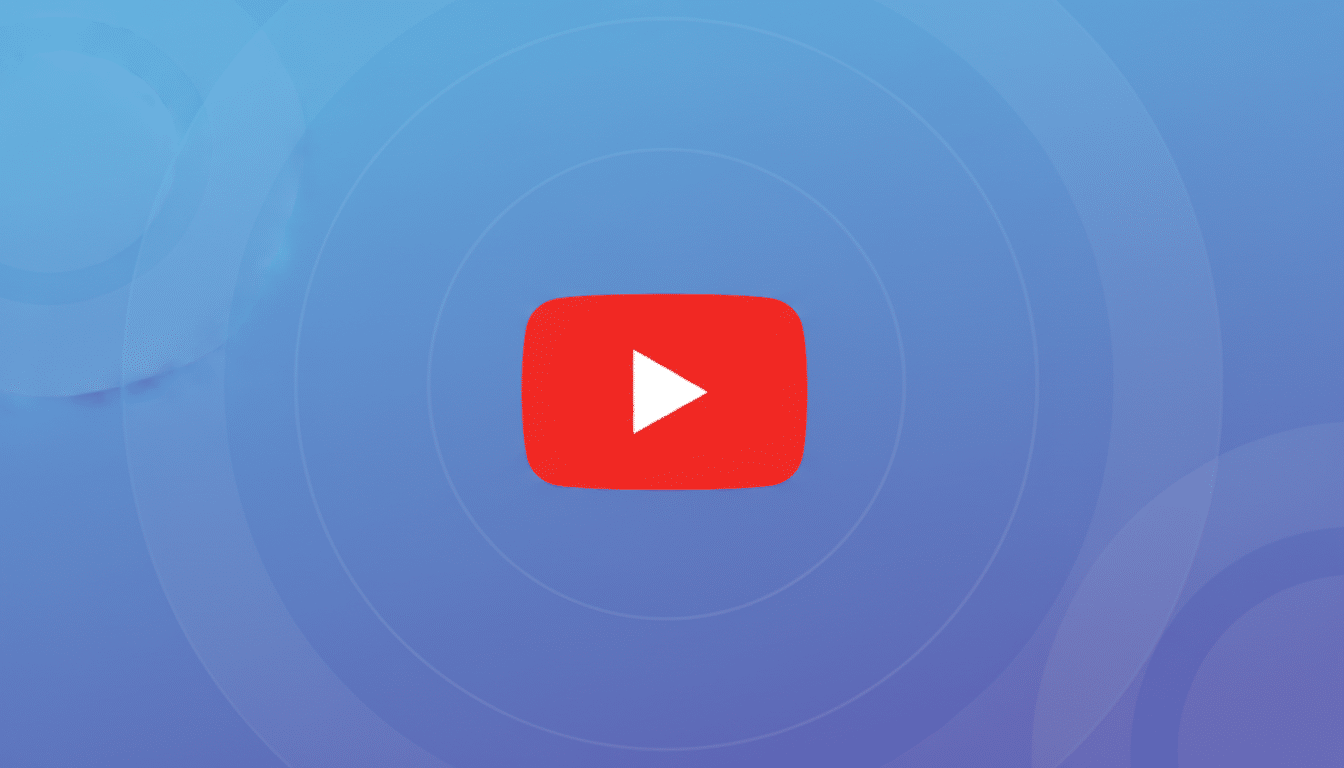 The YouTube logo, a red rounded rectangle with a white play icon, centered on a professional flat design background with soft blue gradients and subtle circular patterns.