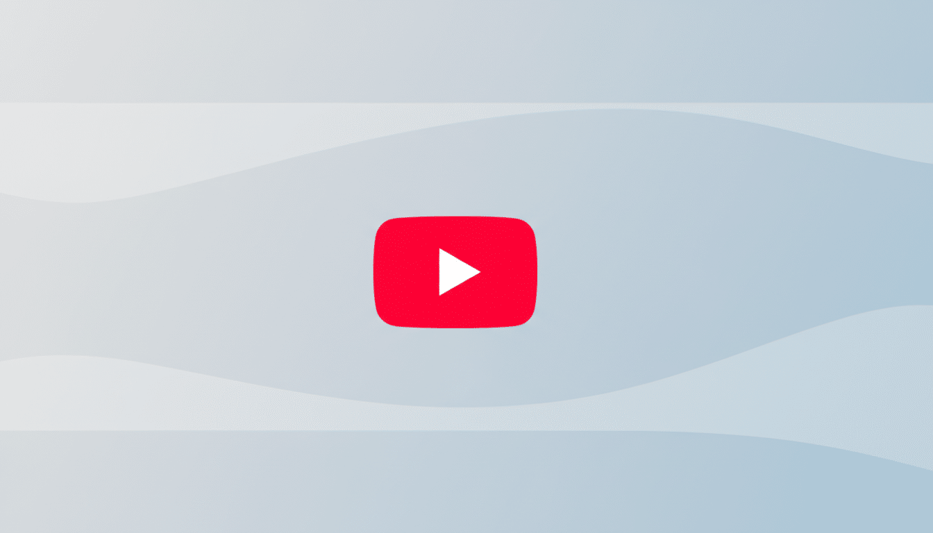 The YouTube play button logo, a red rounded rectangle with a white triangle pointing right, centered on a professional flat design background with soft gray and white wave patterns.