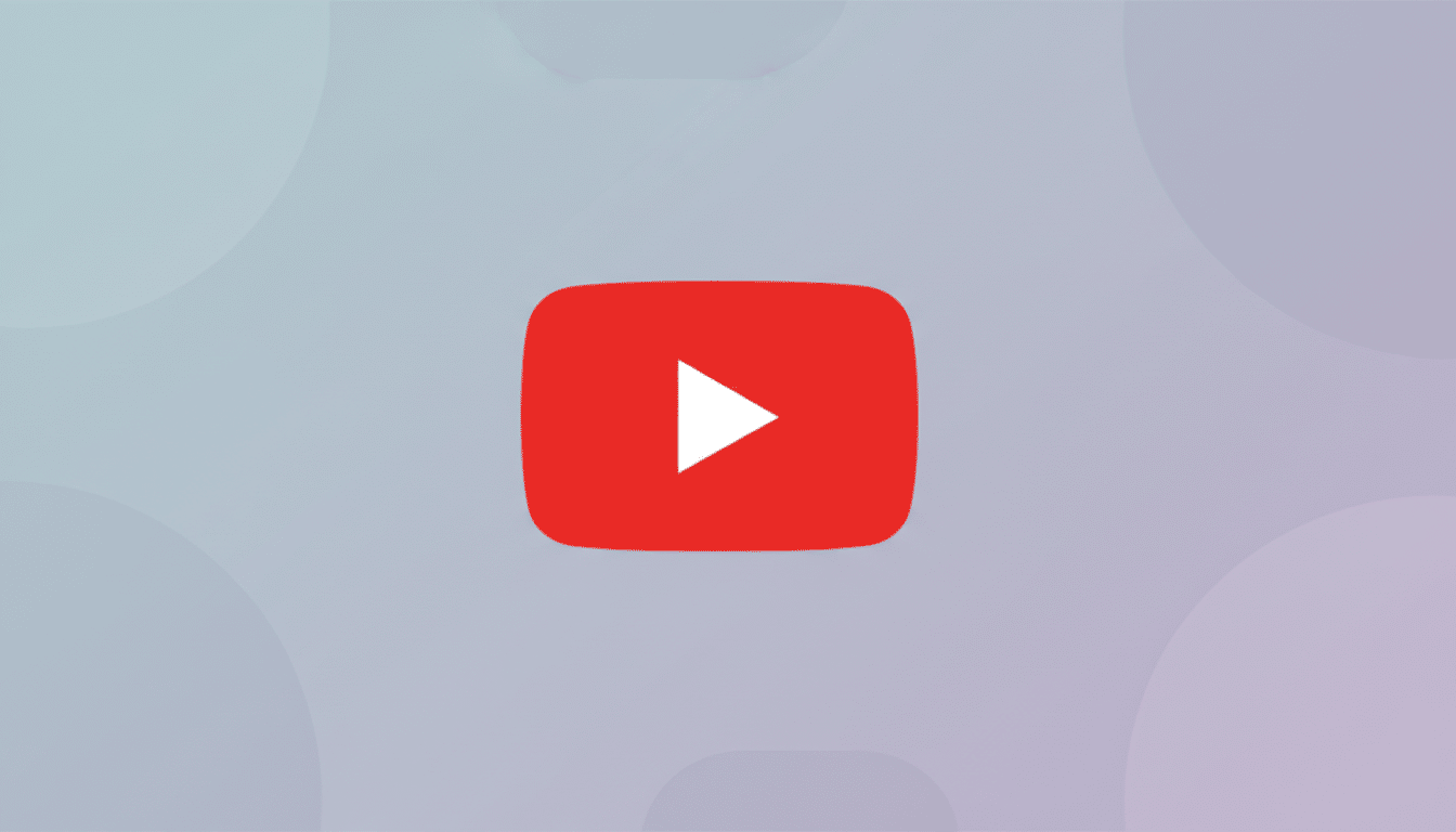 The YouTube logo, a red rectangle with rounded corners and a white play icon in the center, set against a professional flat design background with soft gray and purple gradients and subtle circular patterns.