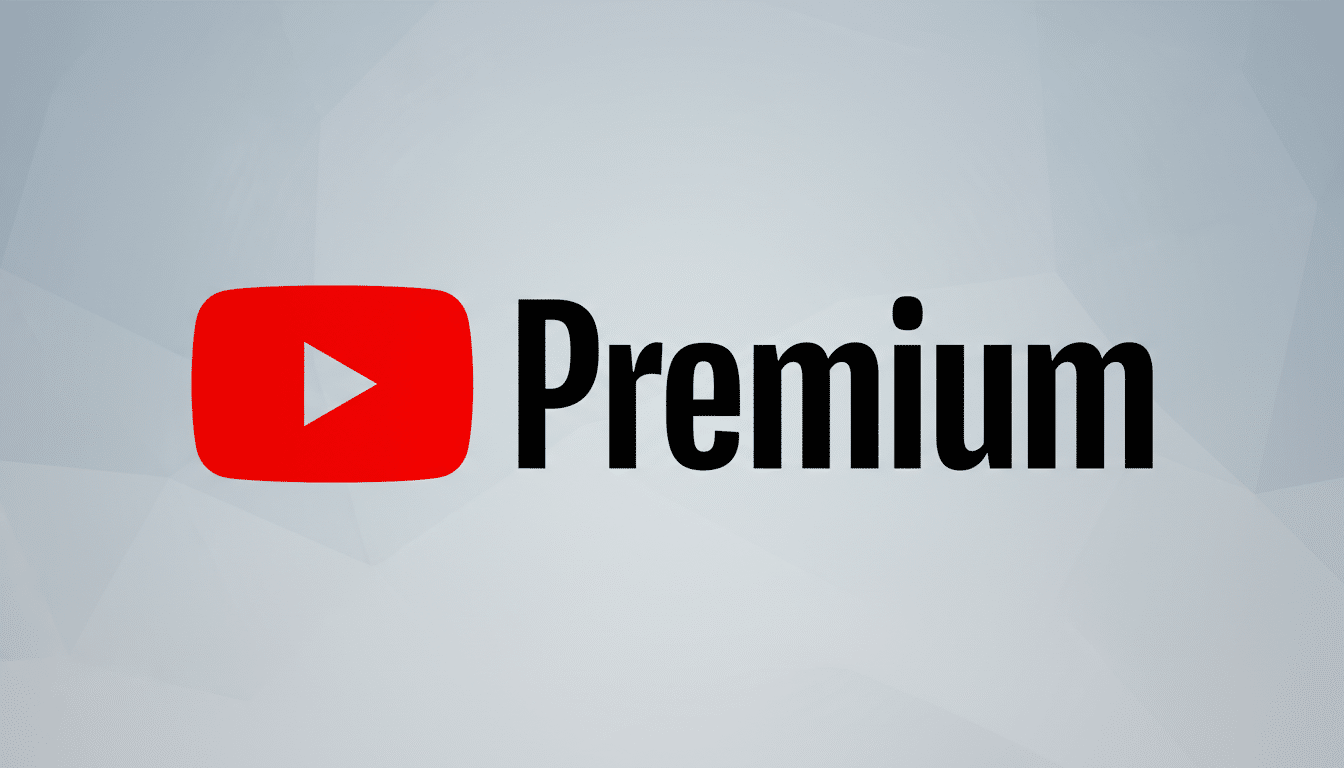 The YouTube Premium logo, featuring the red YouTube play button icon followed by the word Premium in black text, set against a professional light gray background with subtle geometric patterns.