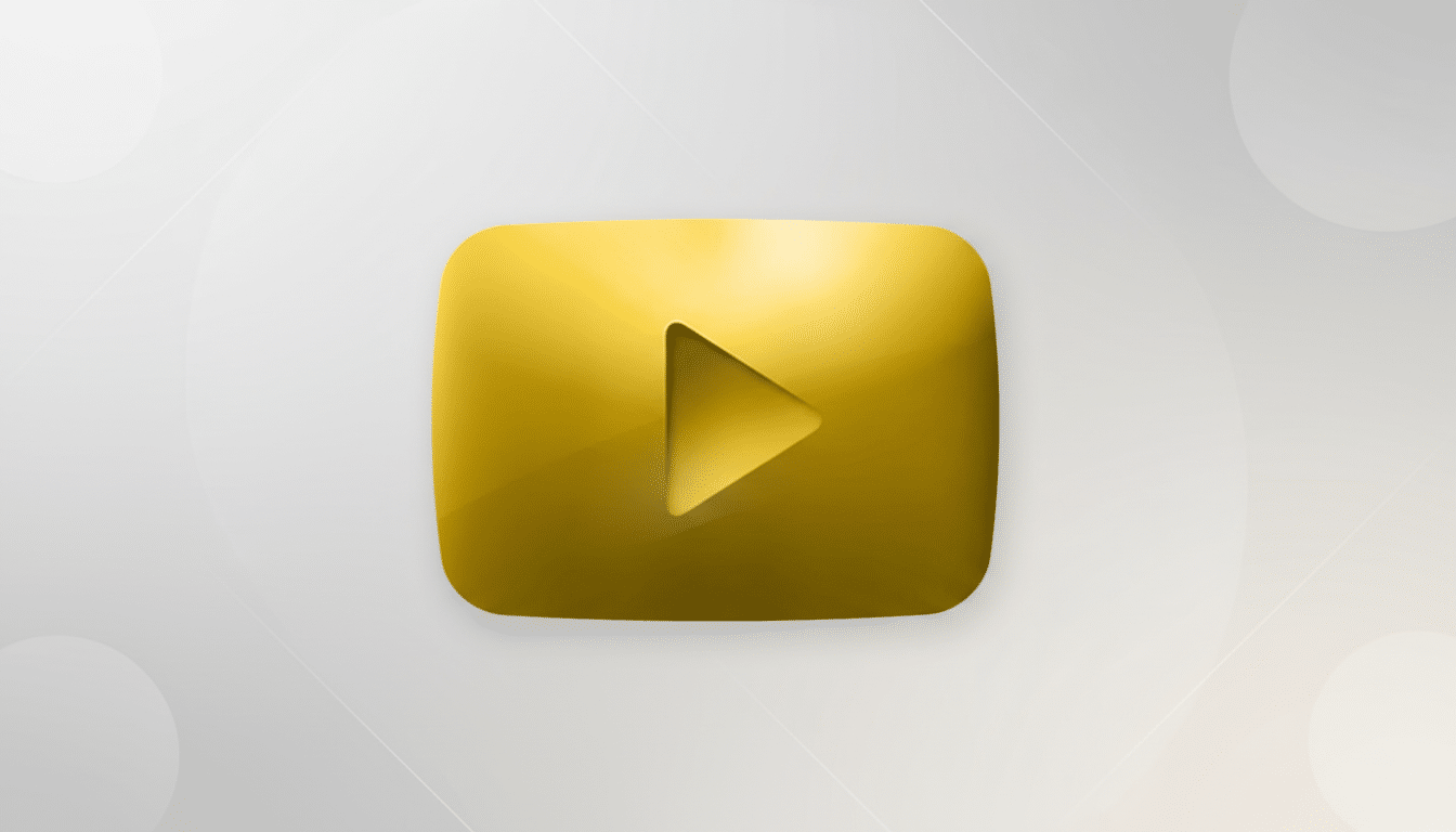 A gold YouTube play button icon centered on a professional flat design background with soft white and grey patterns and gradients.